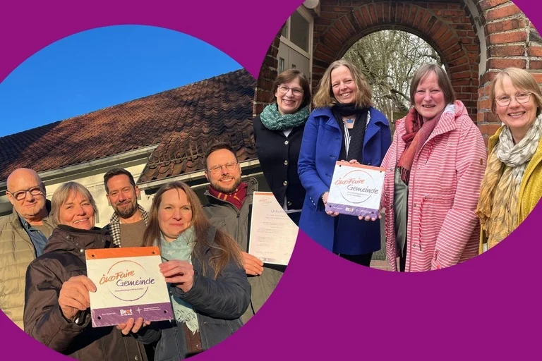 Collage zweier Gruppenbilder auf denen Menschen ein Schild mit der Aufschrift "ökofaire Gemeinde" halten